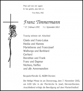 Traueranzeige Franz Timmermann